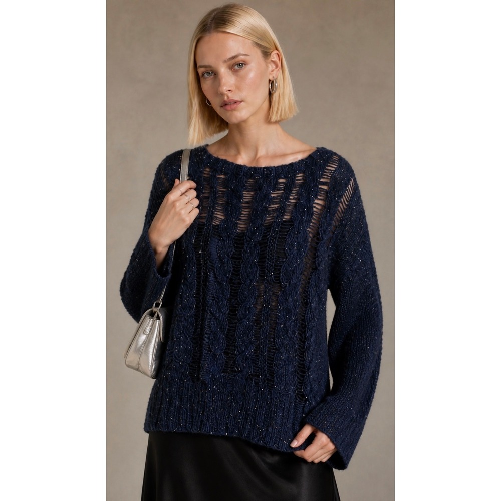 Autumn Cashmere Blue Black Sequin Open Knit Cable Sweater XS